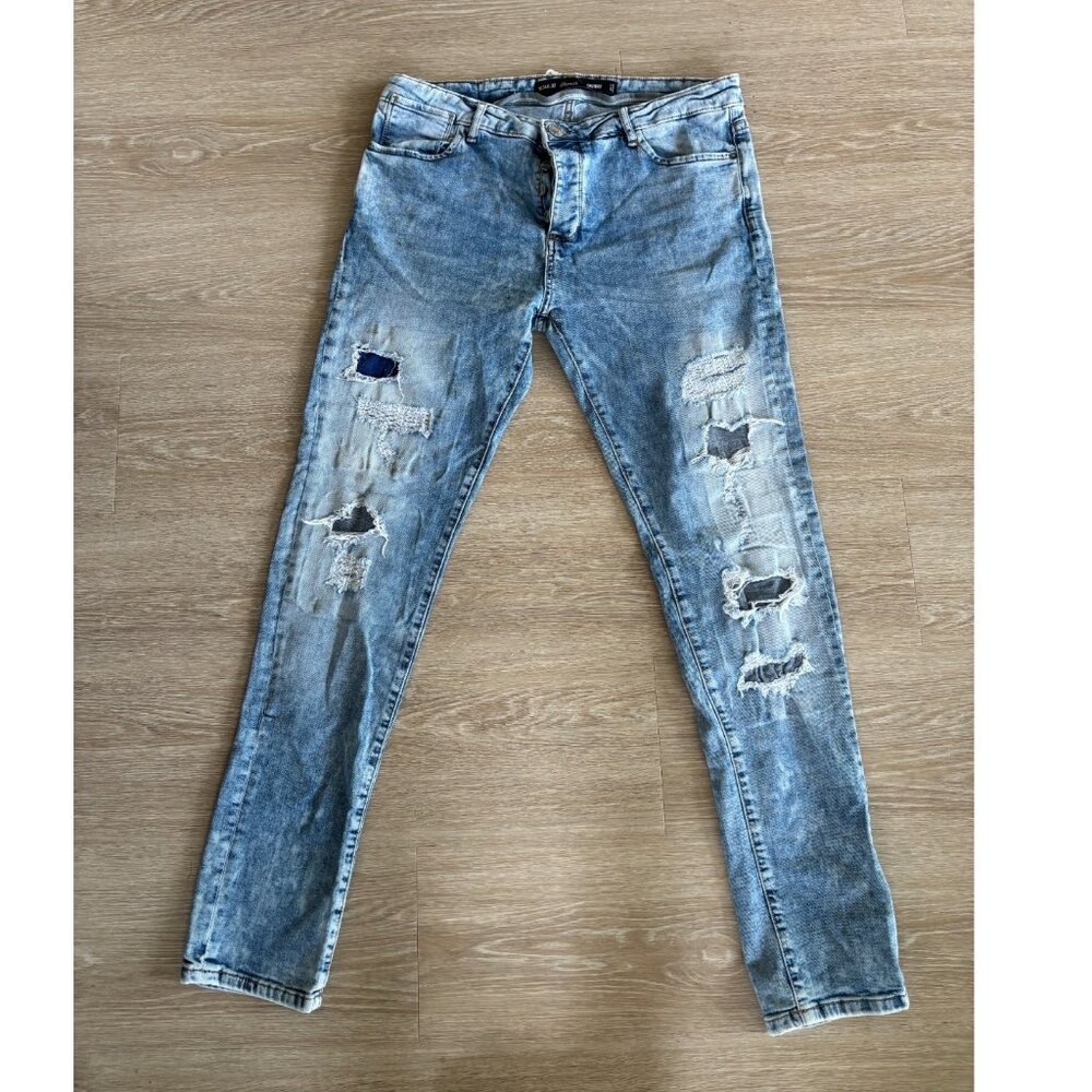 Denim & Co. Blue Washed Ripped Distressed Denim Skinny Jeans Men's Size W34/L32